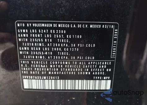 2018 Volkswagen Tiguan Se/Sel z USA, uszkodzony, nr VIN 3VV3B7AX5JM129413